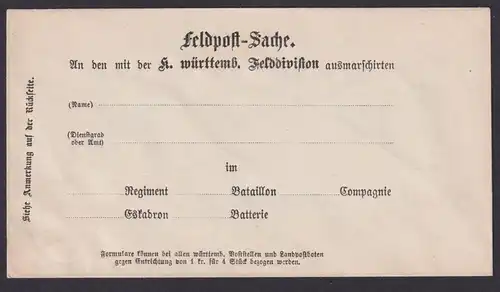 Krieg 1870 1871 Württemberg Feldpostsache Vordruck Umschlag Württembergische