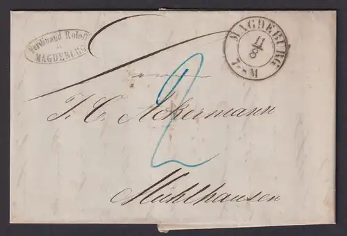 Altdeutschland K2 Magdeburg Mühlhausen Thüringen kpl. Brief nachtaxiert 1854