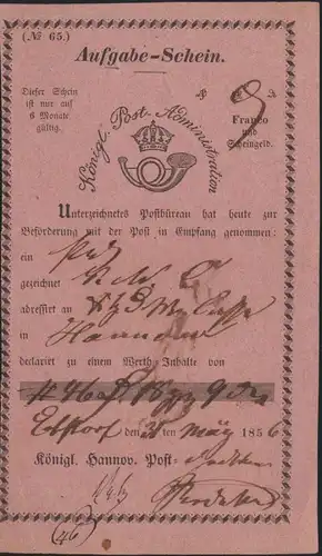 Altdeutschland Hannover Aufgabeschein hs Ebstorf Königl Post Administration 1856