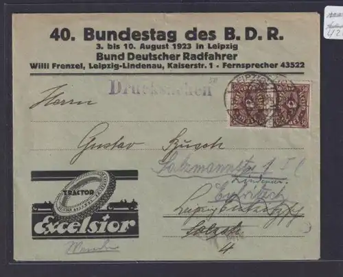 Bahnpost Deutsches Reich Brief MEF Paar Infla Sport Radfahrer Kat.-Wert 400,00 €