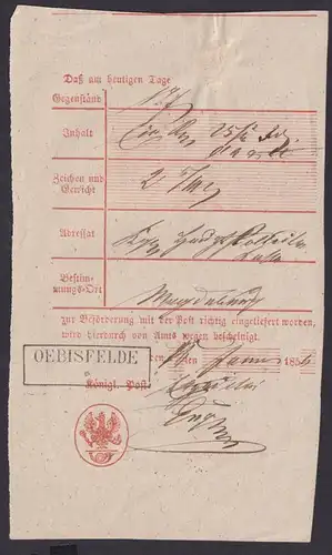 Altdeutschland R2 OEBISFELDE Sachsen-Anhalt Einlieferungsschein 1859