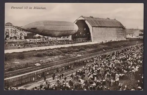 München Zeppelin Parseval VI vor der Lagerhalle selt. frühe Foto Ansichtskarte