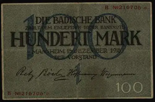 Geldschein Banknote Baden 6 100 Mark Mannheim 15.12.1918 II