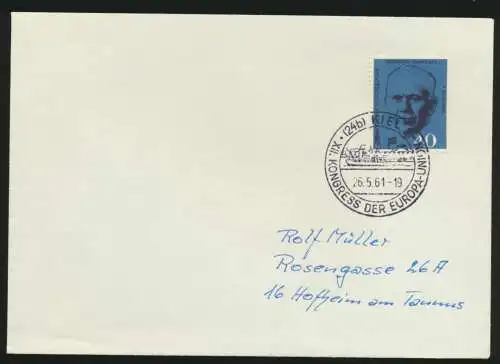 Bund Brief EF mit SST Kiel Kongress Europa Union nach Hofheim Taunus 26.5.1961