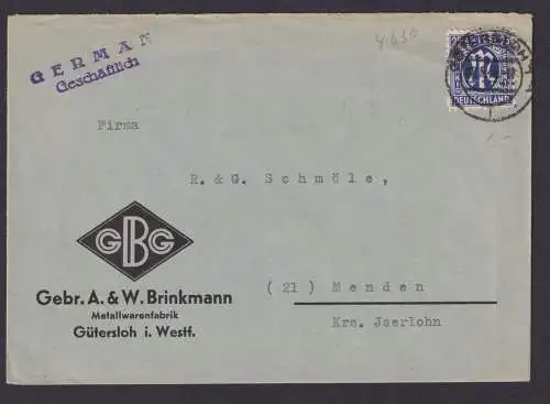 Alliierte Besetzung Bizone EF 25 Pfg. AM Post Brief Gütersloh Westfalen Menden