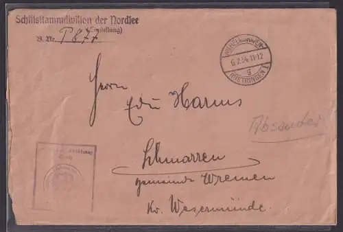Schiffspost Reich Brief Wilhelmshaven Schiffstammdivision d. Nordsee Wesermünde