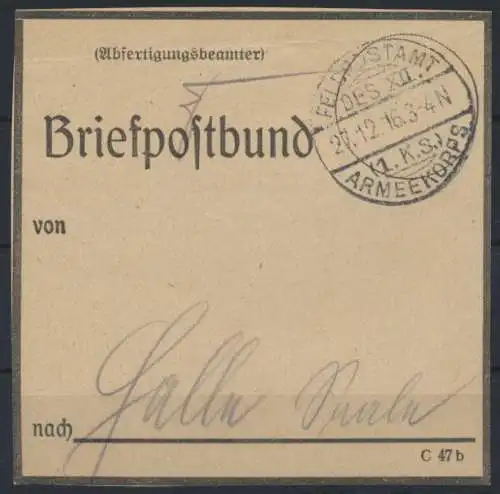 Feldpost I. WK Feldpostamt des XII.1.K.S. Armeekorps vorgedruckter Briefpostbund