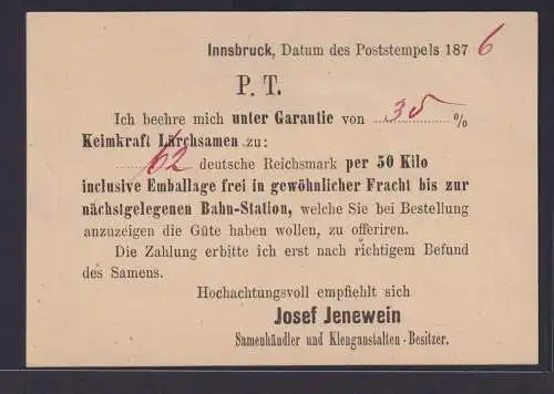 Bahnpost Österreich Ganzsache mit privatem Zudruck Josef Jenewein Samenhändler