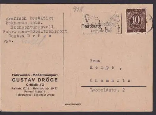 All. Besetzung EF 918 Postkarte Chemnitz Fuhrwesen Mäbeltransporte Gustav Dröge