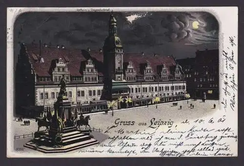 Mondschein Litho Ansichtskarte Leipzig Sachsen Marktplatz Denkmal bei Nacht
