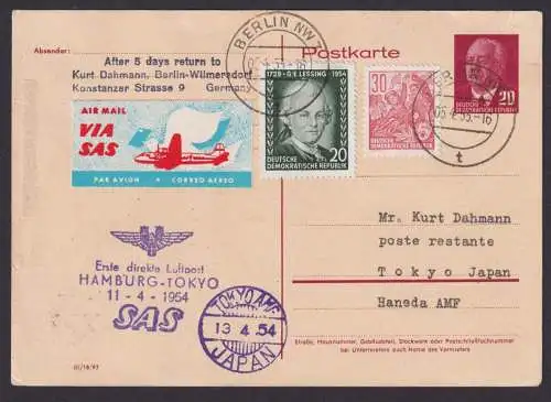 Flugpost Brief Air Mail DDR Ganzsache Pieck P 54 + ZuF SAS inter. Zuleitung
