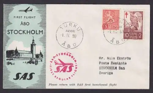 Flugpost Brief Air Mail SAS Erstflug Abo Finnland Turku nach Stockholm 1.4.1959