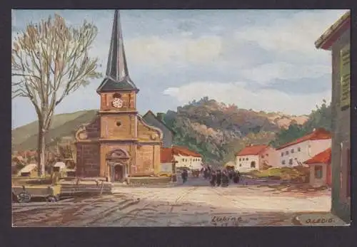 AnsichtskarteKünstlerkarte Sign. O.Ledig Lubine Frankreich Dorfplatz mit Kirche