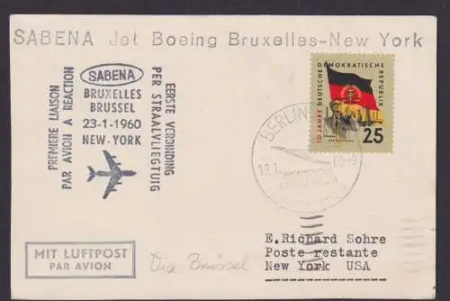 Flugpost Brief Air Mail Sabena Brüssel Belgien New York Zuleitung DDR Lufthansa