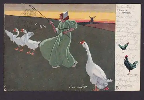 Ansichtskarte Künstlerkarte Signiert Frau Enten Windmühle ab berlin n. Leipzig