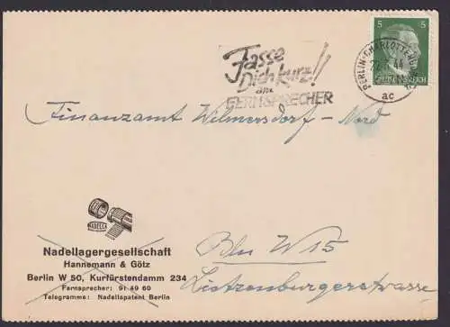 Berlin Charlottenburg Deutsches Reich Karte Postsache SST Fasse Dich kurz am