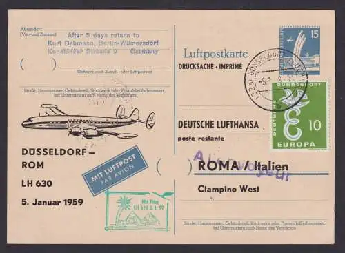 Flugpost Brief Air Mail Berlin Ganzsache Lufthansa LH 630 Düsseldorf Rom Italien