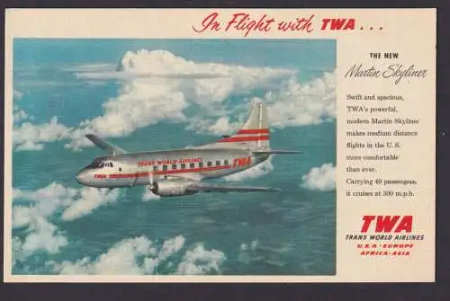 Flugpost Air Mail tolle selt. Flugkarte TWA Trans World Airlines Martin Skyliner
