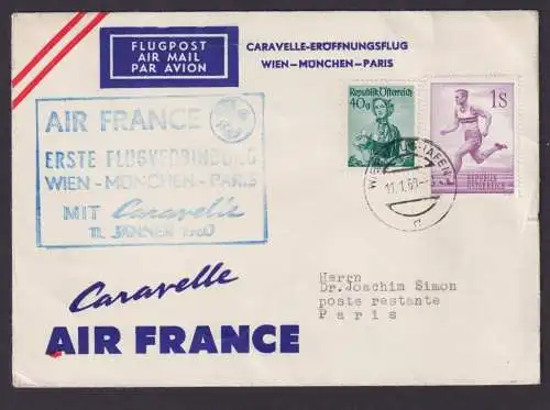 Flugpost Air Mail Brief Österreich Caravelle Eröffnungsflug Wien München Paris