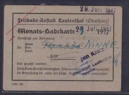 Eintrittskarte Lautenthal Oberharz Niedersachsen Freibad Anstalt Juli 1947