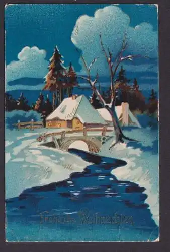 Ansichtskarte Weihnachten Künstlerkarte Winter Schnee Fluss Brücke Goldauflage
