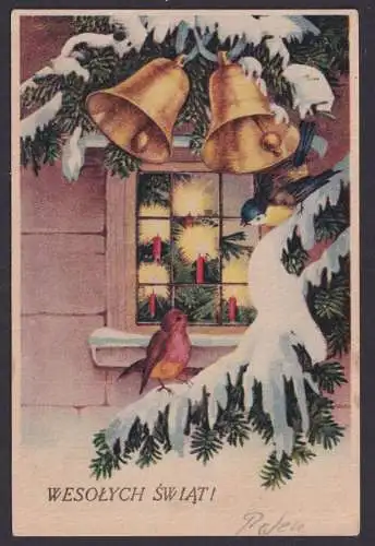 Ansichtskarte Weihnachten Tannen Vogel Glocken n. Berlin 1949