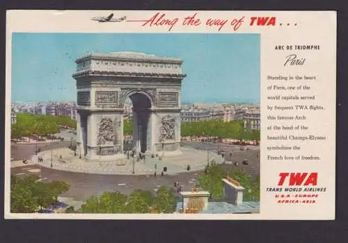 Flugpost Brief Air Mail tolle Flugkarte TWA Arc de Triomphe Paris Along the way