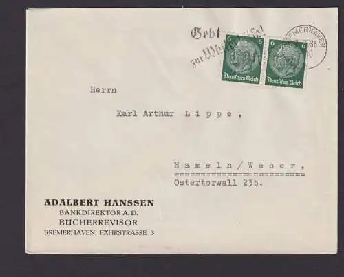 Bremerhaven Deutsches Reich Brief SST Gebt zur Winterhilfe n. Hameln