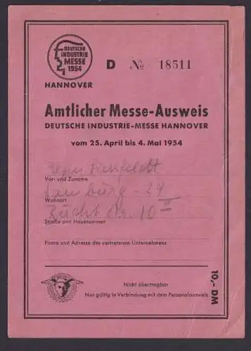 Auseis Messe Ausweis Deutsche Industrie Messe Hannover 1954