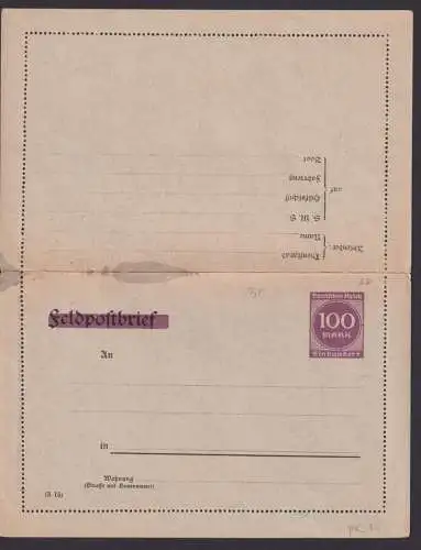 Deutsches Reich Privatganzsache Kartenbrief Feldpost durchbalkt Infla Wst 100