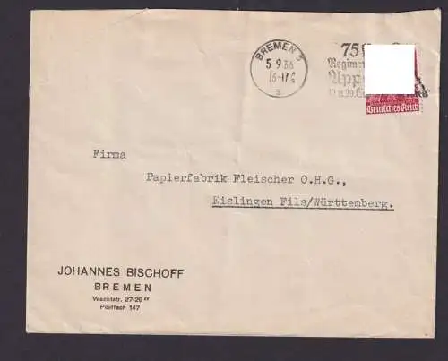 Bremen Deutsches Reich Brief SST 75er Regimentsappell September 1936