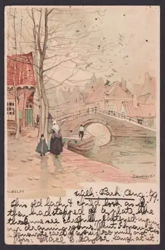 Ansichtskarte Delft Niederlande Künstlerkarte Handgemakt Sign. Brücke Boot