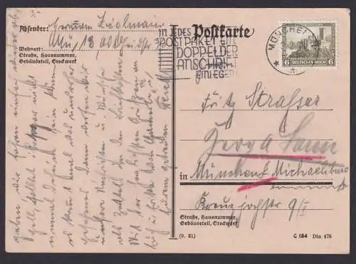 München Bayern Deutsches Reich Karte Postsache SST In jedes Postpaket ein Doppel