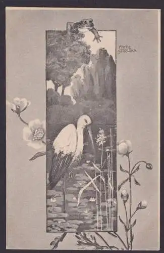Jugendstil Ansichtskarte Künstlerkarte Sign. Fritz Smrczka Storch und Frosch