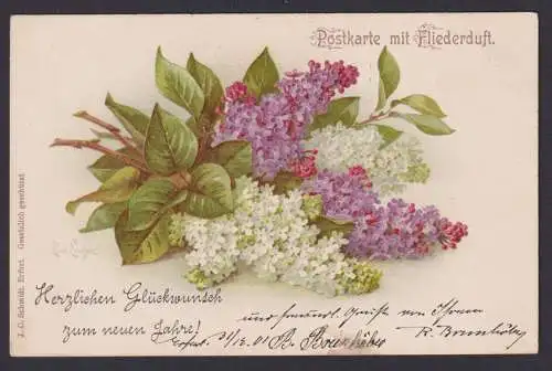 Ansichtskarte Künstlerkarte Sign. Blumenbouquet Flieder Duftkarte Neujahrsgruß