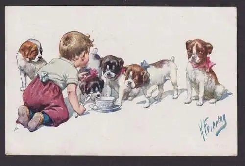 Ansichtskarte Künstlerkarte Sign. Scherzkarte Humor Hunde Kind Fütterung ab