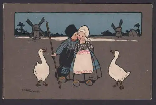 Ansichtskarte Künstlerkarte Sign. Ethel Parkinson Junge Mädchen Hütn Gänse
