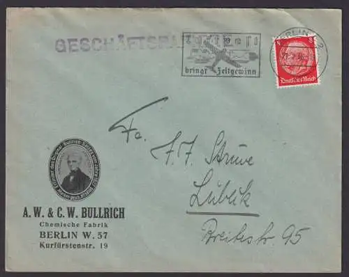 Berlin Deutsches Reich Brief Postsache SST Luftpost bringt Zeitgewinn n. Lübeck