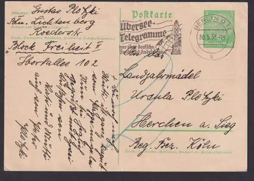 Berlin Deutsches Reich Ganzsache Karte Postsache SST Übersee Telegramme nur über