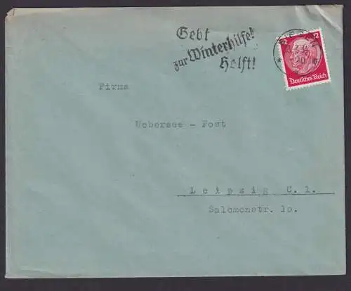 Siegen NRW Deutsches Reich Brief SST Gebt zur Winterhilfe Helft n. Leipzig