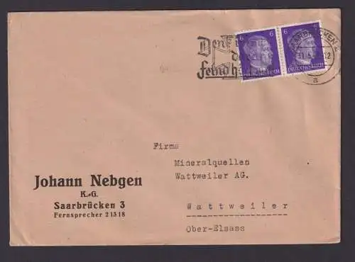 Saarbrücken Saarland Deutsches Reich Drittes Reich Brief SST Denk immer daran.