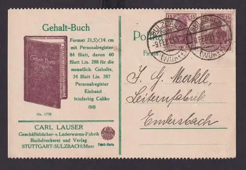Deutsches Reich Brief MEF 15 Pfg. Germania Paar Sulzbach Reklame Karte Buch nach