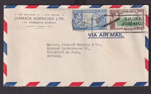 Flugpost Brief Jamaika MiF 1 S. + 3 d Kingston Harboeur Street nach Frankfurt