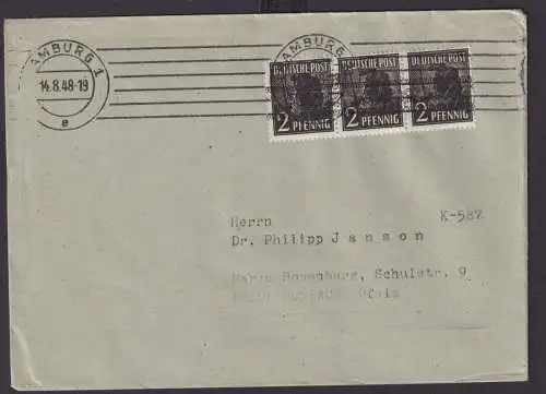 Bizone Bandaufdruck Brief MEF 2 Pfg. Hamburg Waldfischbach Pfalz 14.8.1948