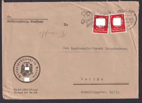 Deutsches Reich Dienst Brief mit Olympia Masch.-Stempel Polizeipräsent 191.