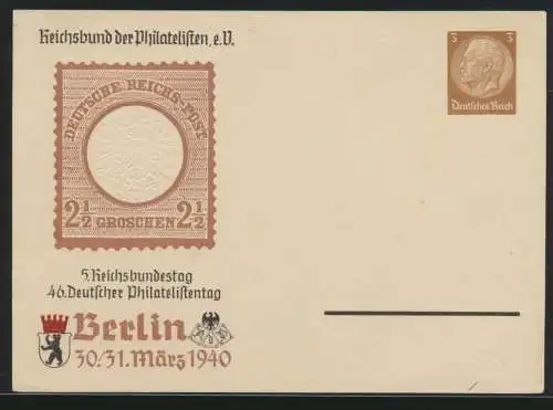 Reich Privatganzsache Philatelistentag Berlin SST 3 Pfg. Hindenburg Brustschild