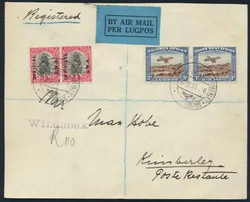 Afrika Namibia 164-5 D 19-20 FLugpost Brief Erstflug als Einschreiben je Paar 3p