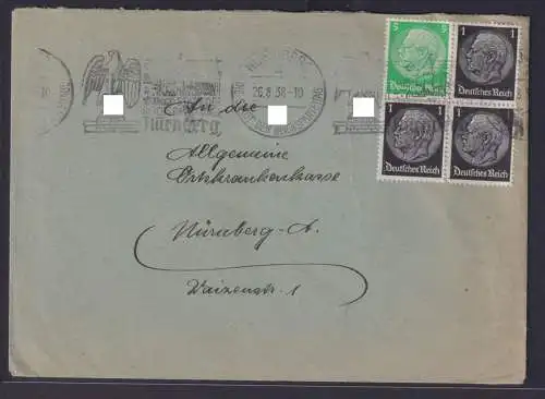 Deutsches Reich Zusammendruck Viererblock Brief selt. Stempel Adler Nürnberg