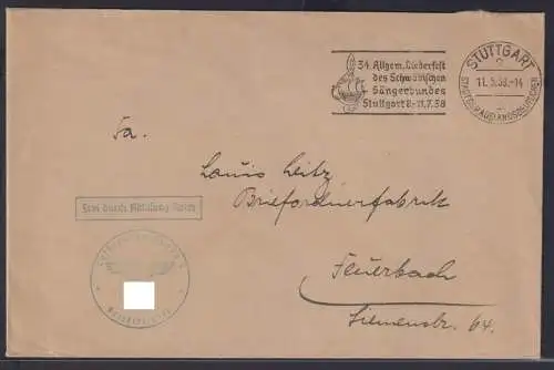 Deutsches Reich Dienst Brief Maschinen Sonderstempel 34. Liederfest Schwäbischer