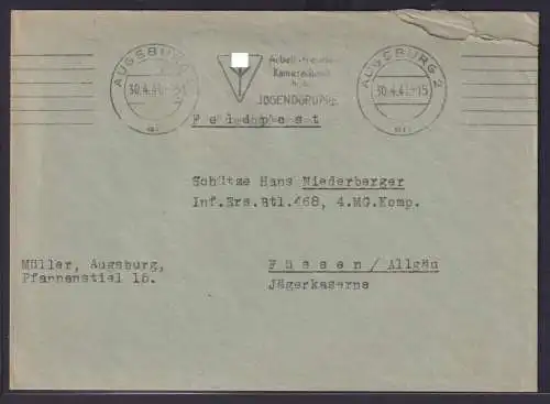 Deutsches Reich Feldpost Brief Maschinenstempel Augsburg Arbeit Freude Kamerad -